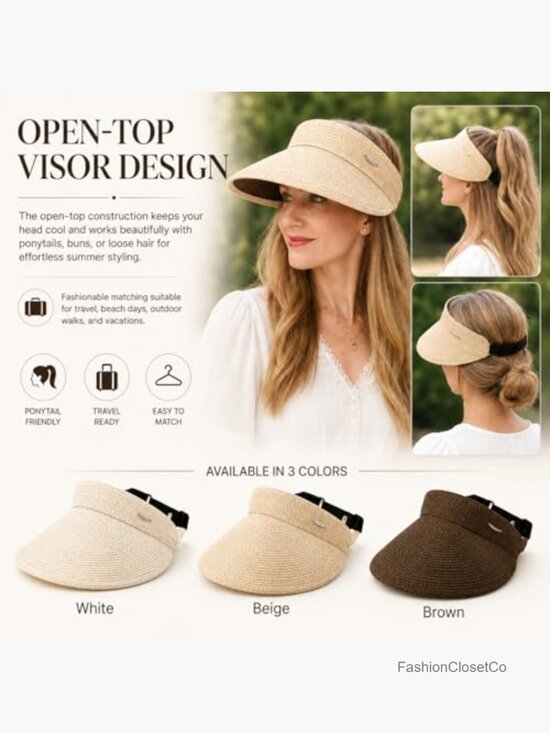Wide Brim Sun Hat Straw Sun Visor with Ponytail Hole UPF 50 Foldable Beach main image 5